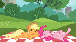 Size: 1193x670 | Tagged: safe, editor:lisaloudleijon, applejack, pinkie pie, earth pony, pony, applejack's hat, applepie, cowboy hat, duo, female, hat, lesbian, manehattan, mare, mlp:castle of darkness, park, picnic, picnic blanket, shipping