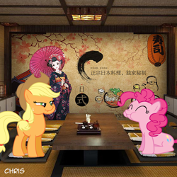 Size: 640x640 | Tagged: safe, artist:lisaloudleijon, artist:lisaloudleijon/chris niimi, editor:lisaloudleijon, applejack, pinkie pie, earth pony, pony, applepie, eating, female, food, japan, lesbian, real life background, shipping, sushi, tokyo