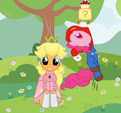 Size: 948x888 | Tagged: safe, editor:lisaloudleijon, applejack, pinkie pie, earth pony, pony, applejack also dresses in style, applepie, clothes, cosplay, costume, cute, female, mario, mario pie, mariopie, princess applejack, princess peach, shipping, super mario bros.