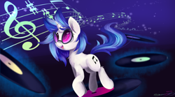 Size: 1800x1000 | Tagged: safe, artist:sketchy-the-pony, dj pon-3, vinyl scratch, pony, unicorn, cute, female, mare, music notes, solo, vinyl, vinylbetes