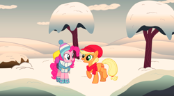 Size: 674x371 | Tagged: safe, editor:lisaloudleijon, applejack, pinkie pie, earth pony, pony, applepie, cute, date, female, lesbian, shipping, snow, winter