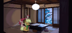 Size: 500x229 | Tagged: safe, artist:lisaloudleijon, applejack, pinkie pie, earth pony, pony, applepie, cute, female, japan, lesbian, pixel art, pony town, shipping, sleeping, winter