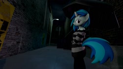 Size: 1920x1080 | Tagged: safe, artist:gr-vinyl-scratch, dj pon-3, vinyl scratch, anthro, 3d, alleyway, clothes, female, rain, shirt, source filmmaker, umbrella