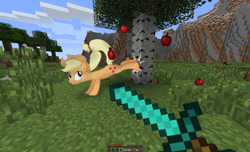 Size: 1280x778 | Tagged: safe, artist:tacotuesday21321, applejack, earth pony, pony, apple, applebucking, birch, crossover, diamond sword, falling, female, food, mare, minecraft, ponies in video games, sword, weapon