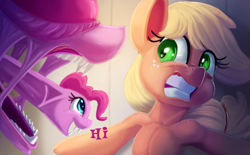 Size: 2000x1236 | Tagged: safe, artist:discorded, applejack, pinkie pie, alien, earth pony, pony, alien (franchise), atg 2018, crossover, female, hi, mare, newbie artist training grounds, open mouth, scared, xenomorph