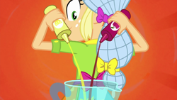 Size: 1280x720 | Tagged: safe, screencap, applejack, eqg summertime shorts, equestria girls, shake things up!, blender (object), female, hair net, looking back, smoothie, solo, syrup