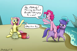 Size: 1630x1091 | Tagged: safe, artist:strebiskunk, fluttershy, pinkie pie, earth pony, kelpie, pegasus, pony, andrea libman, beach, bramble (duck tales), comic, crossover, dialogue, duck tales, duck tales 2017, female, horse riding a horse, riding, sandcastle, seaside, speech bubble, this will end in death, this will end in pinkie antics, this will not end well, voice actor joke