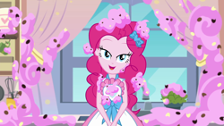 Size: 1920x1080 | Tagged: safe, screencap, pinkie pie, equestria girls, equestria girls series, the craft of cookies, spoiler:eqg series (season 2), apron, bedroom eyes, clothes, cute, diapinkes, dress, food, frosting, geode of sugar bombs, kitchen, lidded eyes, looking at you, magical geodes, solo