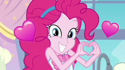 Size: 1920x1080 | Tagged: safe, screencap, pinkie pie, equestria girls, equestria girls series, the craft of cookies, spoiler:eqg series (season 2), cute, diapinkes, floating heart, heart, heart hands, looking at you, smiling, solo