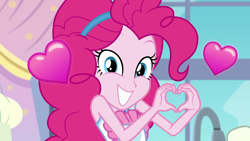 Size: 1920x1080 | Tagged: safe, screencap, pinkie pie, better together, equestria girls, the craft of cookies, cute, diapinkes, floating heart, heart, heart hands, looking at you, smiling, solo