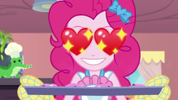 Size: 1920x1080 | Tagged: safe, screencap, pinkie pie, equestria girls, equestria girls series, the craft of cookies, spoiler:eqg series (season 2), baking, baking sheet, cookie, cute, diapinkes, food, heart eyes, oven mitts, smiling, wingding eyes