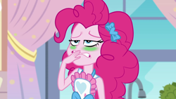 Size: 1920x1080 | Tagged: safe, screencap, pinkie pie, equestria girls, equestria girls series, the craft of cookies, spoiler:eqg series (season 2), apron, clothes, curtains, green face, nauseous, sick, solo