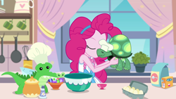Size: 1920x1080 | Tagged: safe, screencap, gummy, pinkie pie, tank, better together, equestria girls, the craft of cookies, apron, baking powder, bowl, chef's hat, clothes, egg, flour, hat, kiss on the cheek, kissing, kitchen, platonic kiss, plushie