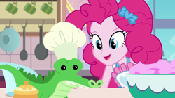 Size: 1920x1080 | Tagged: safe, screencap, gummy, pinkie pie, better together, equestria girls, the craft of cookies, apron, chef's hat, clothes, cute, diapinkes, hat, kitchen, plushie