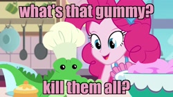 Size: 1920x1080 | Tagged: safe, edit, edited screencap, screencap, gummy, pinkie pie, better together, equestria girls, the craft of cookies, caption, image macro, text