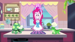 Size: 1920x1080 | Tagged: safe, screencap, gummy, pinkie pie, tank, tortoise, better together, equestria girls, the craft of cookies, apron, baking, baking sheet, clothes, cookie, food, kitchen, smiling, sprinkles, this will end in explosions