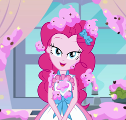 Size: 1135x1079 | Tagged: safe, screencap, pinkie pie, better together, equestria girls, the craft of cookies, apron, clothes, cropped, dress, female, food, frosting, geode of sugar bombs, lidded eyes, looking at you, magical geodes, open mouth, out of context, picture, smiling, window