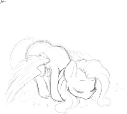 Size: 2953x2640 | Tagged: safe, artist:aer0 zer0, fluttershy, pegasus, pony, cute, eyes closed, female, grayscale, grazing, herbivore, horses doing horse things, mare, monochrome, shyabetes, simple background, spread wings, white background, wings