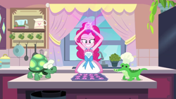 Size: 1280x720 | Tagged: safe, screencap, gummy, pinkie pie, tank, tortoise, better together, equestria girls, the craft of cookies, apron, baking, baking sheet, chef's hat, clothes, cookie, food, hat, kitchen, smiling, sprinkles, this will end in explosions