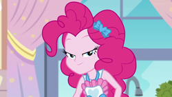 Size: 1920x1080 | Tagged: safe, screencap, pinkie pie, better together, equestria girls, the craft of cookies, apron, bedroom eyes, clothes, looking at you, smiling