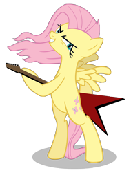 Size: 5700x7500 | Tagged: safe, artist:igokapichka, fluttershy, pegasus, pony, badass, bipedal, electric guitar, female, guitar, hoof hold, mare, messy mane, metal, metalshy, simple background, smiling, smirk, solo, transparent background, vector, wide eyes, windswept mane, wings