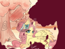 Size: 1280x960 | Tagged: safe, artist:xenxen-s2, fluttershy, butterfly, pegasus, pony, alternate hairstyle, cute, deviantart watermark, female, forest, hair accessory, mare, obtrusive watermark, prone, shyabetes, solo, tree, watermark