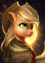 Size: 709x1002 | Tagged: safe, artist:kityenmatoi, applejack, earth pony, pony, beautiful, bust, cowboy hat, female, hat, mare, moon, portrait, solo