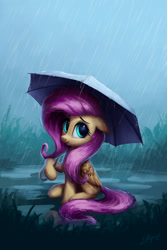 Size: 1000x1500 | Tagged: safe, artist:lollipony, fluttershy, pegasus, pony, cute, female, mare, puddle, rain, shyabetes, sitting, solo, umbrella, water