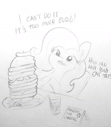 Size: 1379x1571 | Tagged: safe, artist:tjpones, fluttershy, pegasus, pony, burger, dialogue, drink, drinking straw, ear fluff, eating contest, female, food, glass, grayscale, ice cube, large amount of burg, lineart, mare, monochrome, open mouth, overeating, simple background, sitting, solo, traditional art