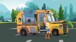 Size: 1366x768 | Tagged: safe, screencap, applejack, big macintosh, eqg summertime shorts, equestria girls, get the show on the road, broken, bus, the rainbooms tour bus, tree branch, what could possibly go wrong