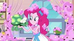 Size: 1920x1080 | Tagged: safe, screencap, pinkie pie, tank, tortoise, better together, equestria girls, the craft of cookies, apron, clothes, dress, food, frosting, geode of sugar bombs, kitchen, magical geodes, solo