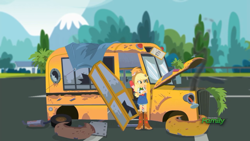 Size: 1366x768 | Tagged: safe, screencap, applejack, big macintosh, eqg summertime shorts, equestria girls, get the show on the road, broken, bus, fail, sad, shocked, the rainbooms tour bus, tree branch