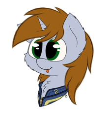 Size: 2634x2910 | Tagged: safe, artist:prismstreak, oc, oc only, oc:littlepip, pony, unicorn, fallout equestria, cheek fluff, chest fluff, clothes, cute, ear fluff, fallout, fanfic, fanfic art, female, fluffy, horn, mare, neck fluff, silly, simple background, solo, tongue out, vault suit, white background