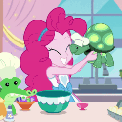 Size: 800x800 | Tagged: safe, screencap, gummy, pinkie pie, tank, better together, equestria girls, the craft of cookies, animated, apron, bowl, chef's hat, clothes, cropped, cute, diapinkes, egg, egg (food), floating heart, food, gif, hat, heart, how, kiss on the cheek, kissing, kitchen, love, platonic kiss, plushie