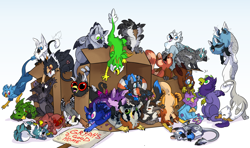 Size: 1246x738 | Tagged: safe, artist:stupidshepherd, oc, oc only, oc:arith, oc:der, oc:gyro feather, oc:gyro tech, oc:kranos wildtalon, oc:saewin, griffon, pony, box, crossed arms, flying, foal, glasses, griffonized, group, pony in a box, prone, sign, simple background, sitting, sleeping, species swap, white background