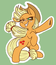 Size: 2080x2408 | Tagged: safe, artist:ponycide, applejack, earth pony, pony, freckles, grin, hat, one eye closed, smiling, solo, underhoof, wink