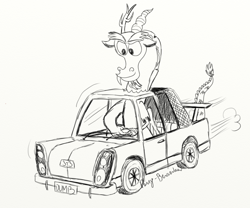 Size: 1250x1040 | Tagged: safe, artist:pony-berserker, discord, car, monochrome, sketch, solo