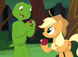 Size: 1042x767 | Tagged: safe, artist:porygon2z, applejack, earth pony, pony, apple, crossover, food, franklin the turtle