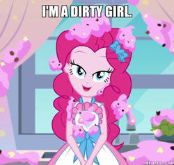 Size: 600x570 | Tagged: safe, edit, edited screencap, screencap, pinkie pie, better together, equestria girls, the craft of cookies, caption, female, image macro, solo, text