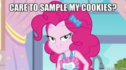 Size: 600x337 | Tagged: safe, edit, edited screencap, screencap, pinkie pie, better together, equestria girls, the craft of cookies, caption, image macro, text