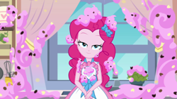 Size: 1920x1080 | Tagged: safe, screencap, pinkie pie, better together, equestria girls, the craft of cookies, animation error, apron, bedroom eyes, clothes, cute, diapinkes, dress, food, frosting, geode of sugar bombs, kitchen, lidded eyes, magical geodes, solo