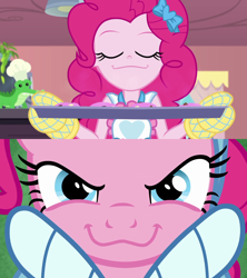 Size: 1280x1440 | Tagged: safe, screencap, gummy, pinkie pie, best gift ever, better together, equestria girls, the craft of cookies, triple pony dare ya, :3, apron, chef's hat, clothes, cookie, food, hat, oven mitts, tray