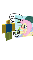 Size: 1500x2668 | Tagged: safe, edit, edited screencap, screencap, fluttershy, pegasus, pony, 1000 hours in ms paint, blushing, crack shipping, mr. oof, op is a cuck, roblox, shipping