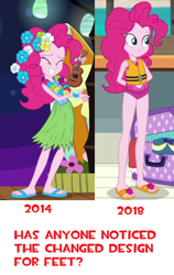 Size: 518x820 | Tagged: safe, screencap, pinkie pie, better together, equestria girls, shake your tail, the salty sails, clothes, comparison, feet, flip-flops, flower, grass skirt, hulapie, lifejacket, sandals, skirt, swimsuit, text