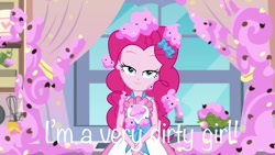 Size: 800x450 | Tagged: safe, edit, edited screencap, screencap, pinkie pie, better together, equestria girls, the craft of cookies, caption, female, food, frosting, solo