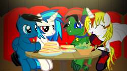 Size: 3840x2160 | Tagged: safe, artist:agkandphotomaker2000, dj pon-3, vinyl scratch, oc, oc:ace beat, oc:pony video maker, oc:ruby blooddreamer, pegasus, pony, undead, unicorn, vampire, vampony, canon x oc, double date, food, pony dragon hybrid, restaurant, salad, sandwich, videoscratch