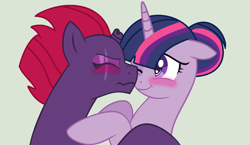 Size: 1390x806 | Tagged: safe, artist:everythingf4ngirl, artist:kat-of-the-night, fizzlepop berrytwist, tempest shadow, twilight sparkle, twilight sparkle (alicorn), alicorn, pony, unicorn, my little pony: the movie, alternate hairstyle, blushing, boop, broken horn, duo, eye scar, eyes closed, female, hug, lesbian, mare, married, noseboop, nuzzling, one eye closed, scar, shipping, simple background, tempestlight, tsundere, tsundere shadow, white background