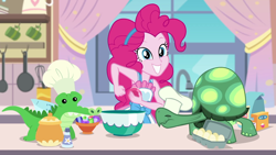 Size: 1280x720 | Tagged: safe, screencap, gummy, pinkie pie, tank, better together, equestria girls, the craft of cookies, cute, diapinkes, egg (food), food, gemstones, kitchen, looking at you