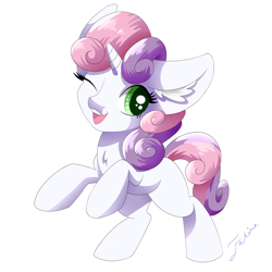 Size: 5000x5000 | Tagged: safe, artist:faline-art, sweetie belle, pony, unicorn, absurd resolution, cute, diasweetes, ear fluff, female, filly, mare, one eye closed, simple background, smiling, solo, white background, wink