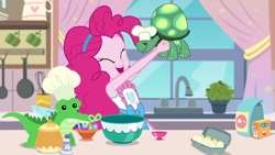 Size: 1280x720 | Tagged: safe, screencap, gummy, pinkie pie, tank, tortoise, better together, equestria girls, the craft of cookies, apron, bowl, chef's hat, clothes, cute, diapinkes, egg (food), food, happy, hat, kitchen, mixing bowl, smiling, window